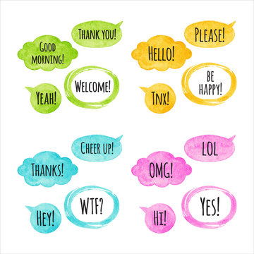 Set, collection of watercolor vector speech bubbles, text balloons, clouds and oval frames with Thanks, Welcome, greetings. Pink, yellow, green, blue watercolour hand drawn shapes, design elements.  