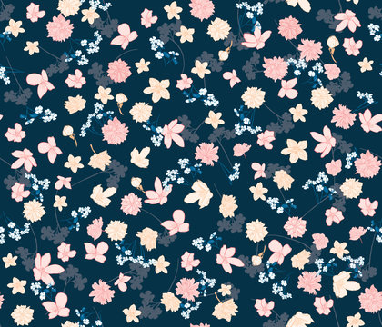 Pink and yellow tiny flowers on dark blue background, vector botanical seamless backdrop, floral pattern