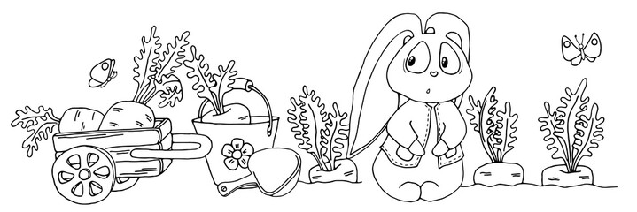 Сute rabbit, cart, carrots, bucket and spade, butterflies sketch black outline different elements isolated on a white background. To decorate