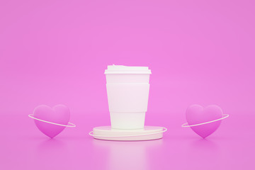 Coffee cups romantic pink color 3d render stage. Product stage and gift for valentine or other holiday composition. Abstact 3d geometric shapes backdrop for holiday concept.
