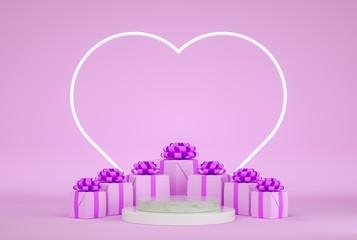 3d render of valentine and design composition. Abstact 3d geometric shapes backdrop for holiday concept. 3d pink background with balloons. Round stage podium. Balloons and gifts
