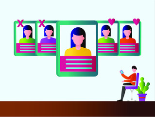 Online dating vector concept: Man using mobile application choose a woman he likes by swiping right or left