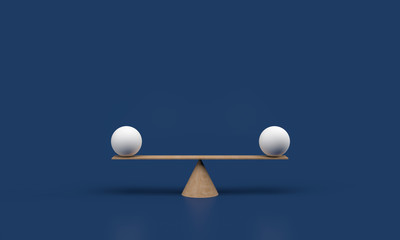Equal white spheres balancing on a seesaw 3d illustration isolated on white blue background. 3d render balance scale. 