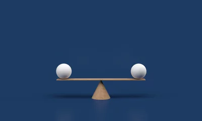 Foto op Canvas Equal white spheres balancing on a seesaw 3d illustration isolated on white blue background. 3d render balance scale.  © Atelier42