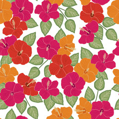 Vector Hibiscus Flowers in Pink Red Orange with Green Leaves on White Background Seamless Repeat Pattern. Background for textiles, cards, manufacturing, wallpapers, print, gift wrap and scrapbooking.