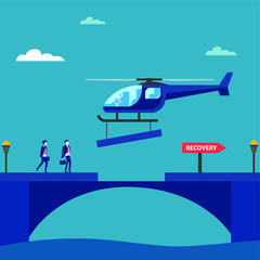 Business recovery vector concept: Business people waiting for a bridge to be fixed to cross the river to recovery