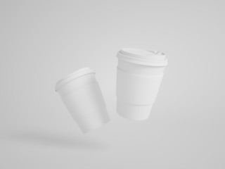 Paper and plastic coffee cup on white background. Two coffee cups with lids. Coffee Cup Mockup 3D. Interesting camera view composition. Flying coffee cups