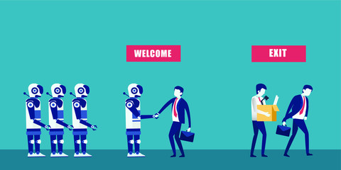 RPA vector concept: businessman welcoming robots to a company replacing depressed manual human workers