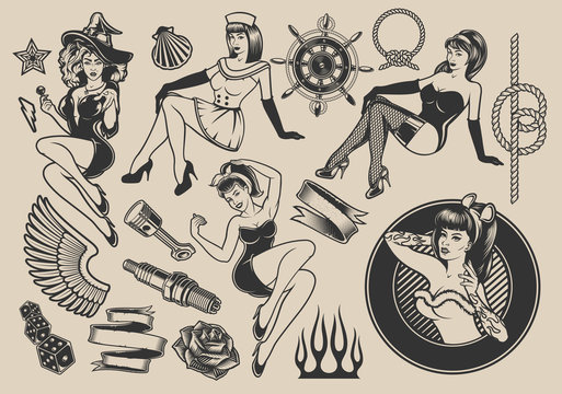 Set of vector illustrations with girls with elements for design