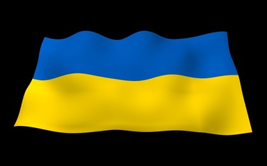 The flag of Ukraine on a dark background. National flag and state ensign. Blue and yellow bicolour. 3D illustration waving flag