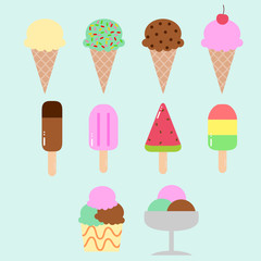 set of ice cream, ice cream cone, ice cream cup, popsicle