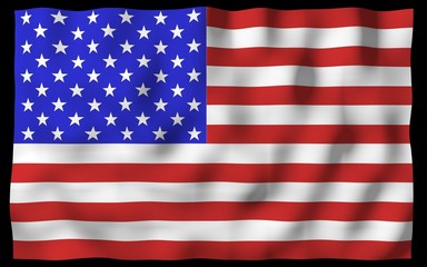 Fototapeta premium Waving flag of the United States of America on a dark background. Stars and Stripes. State symbol of the USA. 3D illustration