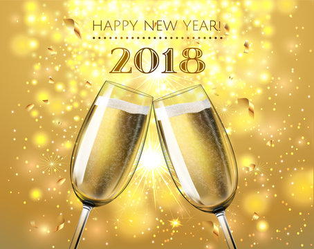Vector stock Happy New Year 2018 toasting glasses of champagne on gold shine winter holiday background in realistic style. Greeting card or party invitation with golden Christmas tree, confetti