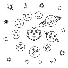 Stars, planets, moon, crescent, half moon