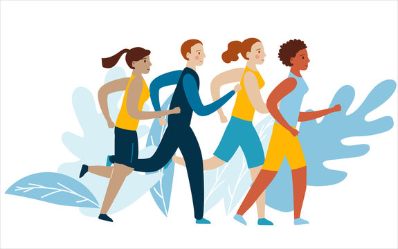 Running people of different nationalities. A group of runners in motion. Running men and women sport background. People race runner preparing for marathon, jogging and running illustration