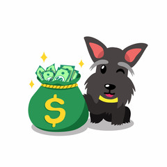 Vector cartoon character scottish terrier dog with money bag for design.