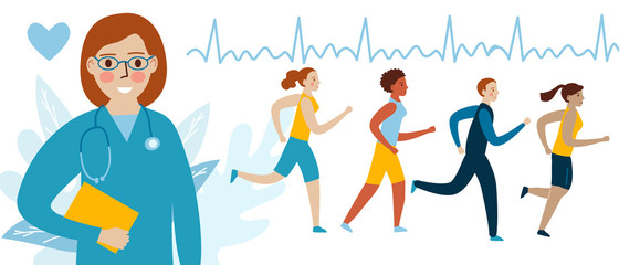 Female doctor talks about the benefits of running and cardio. Concept Illustration in flat cartoon style © Nataliya