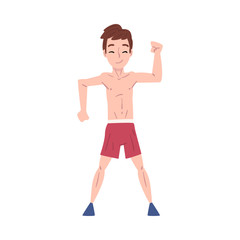 Cute Boy Wearing Shorts Doing Sports Exercise Cartoon Style Vector Illustration on White Background