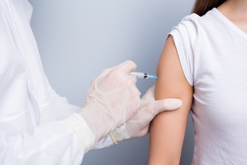 Cropped closeup photo of patient lady doc expert virology inject shoulder covid antidote...