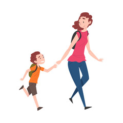 Mom and Her Son Walking Together Holding Hands Cartoon Style Vector Illustration on White Background