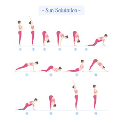Yoga practice set. Woman practicing yoga, steps to Sun Salutations. Flat vector design.
