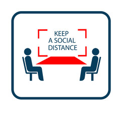 Keep a safe distance in the train car. People sit at a common table at a safe distance. Prevention of coronavirus infection. Sticker. Icon. Vector flat illustration