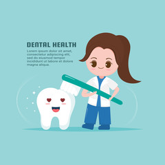 Dentist holding a toothbrush on a teeth. Kawaii cartoon character design.