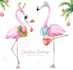 Christmas and New Year illustration. Hand painted watercolor winter flamingo isolated on white background. © Vasile