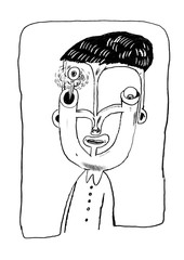 black and white illustration with funny man and funny  jumping eyes