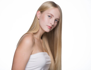 Smooth long blond hair woman natural make up healthy skin isolated on white