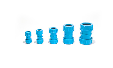 Blue PVC pipe set, separate on a white background, blue plastic water pipe, PVC accessories for plumbing work Plumber equipment Bend and connect the three-way plastic pipe to drain the waste water.