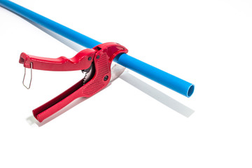 Blue PVC pipe set, separate on a white background, blue plastic water pipe, PVC accessories for plumbing work Plumber equipment Bend and connect the three-way plastic pipe to drain the waste water.