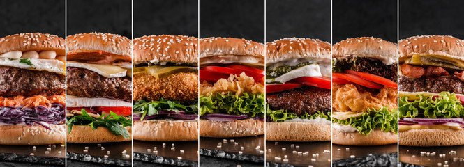 Food collage of various burgers, vegan burger, hamburger, cheeseburger on dark stone background....