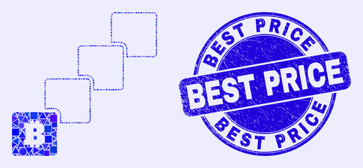 Fototapeta premium Geometric bitcoin blockchain mosaic pictogram and Best Price seal stamp. Blue vector rounded grunge stamp with Best Price title. Abstract mosaic of bitcoin blockchain composed of circle, tringle,