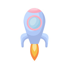 Bright cartoon blue rocket with fire trace launched into space for design of album, scrapbook, card and invitation. Flat cartoon colorful vector illustration isolated on white background.