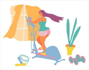 Sport exercise at home with training apparatus.Cute girl jogging at home. Hand drawn vector illustration. Sport exercises in quarantine. Flat style interior.Sport exercise at home. Woman doing workout