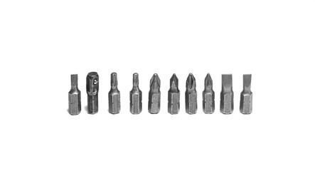 Each type of drill bit for mechanic work isolated on a white background.