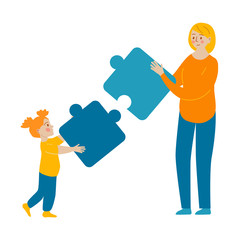 Autism. Children autism spectrum disorder ASD. Children girl play in center giving information about treatment of ASD. Puzzles symbol of autism. Vector illustration. 