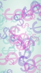 Multicolored translucent dollar signs on white background. Red tones. 3D illustration