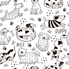 Funny doodle dogs seamless pattern.