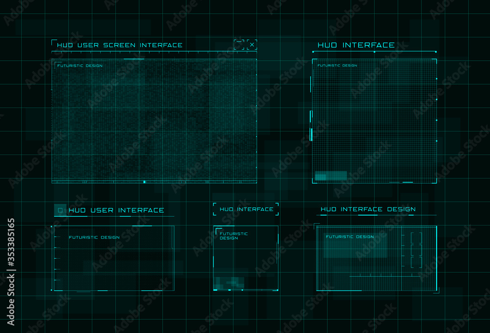 Poster Set of HUD user screen interface on dark green digital hi tech background. Futuristic layout of control panel and user menu in HUD style. Editable stroke. Good for animation. Vector