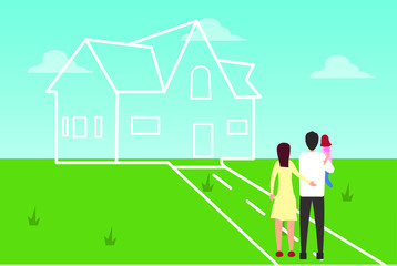Real estate vector design concept: Back view of young family embracing each other while looking at their dream house
