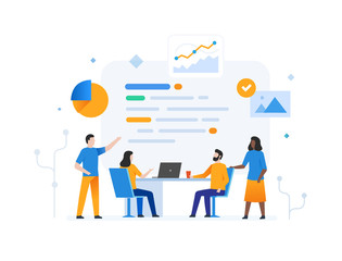 Group of people develop business. Workflow, growth, promotion marketing. Business development, milestones. lillustration infographics. Landing page site print poster