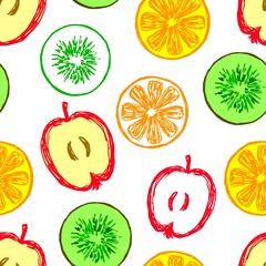 Hand-drawn summer bright vector seamless pattern. Yellow, green kiwi, apple, orange, fruits on a white background. For prints of packaging, fabric, beachwear.