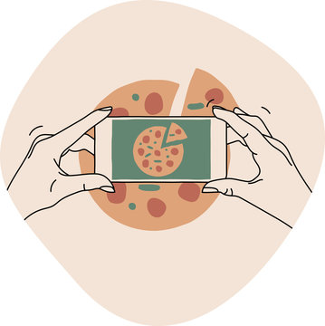 Illustration of hands holding a phone or a smartphone with the camera app open and taking a photo of food in a restaurant. Simple cartoon style vector flat image