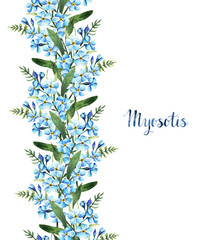 Myosotis, watercolor illustration,stems, leaves, flowers,handmade,card for you,spring flowers