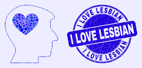 Geometric lovely heart man head mosaic pictogram and I Love Lesbian seal stamp. Blue vector rounded textured seal stamp with I Love Lesbian message.