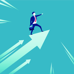 Business growth vector concept: Businessman with briefcase standing of top of an arrow moving upward