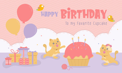 The cat is celebrating the birthday party. There are cupcakes, gift boxes, balloons decorated at the event.Vector Illustration.Party invitation card.Birthday party set cartoon animal.