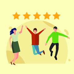 Rating system vector concept: People jumping with joy getting a 5 stars rating